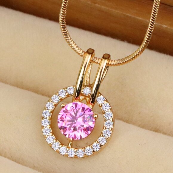 "Sparkling Pink Halo Pendant with Gold Plated Brass Frame, XPPT1712 - Picture 1 of 12